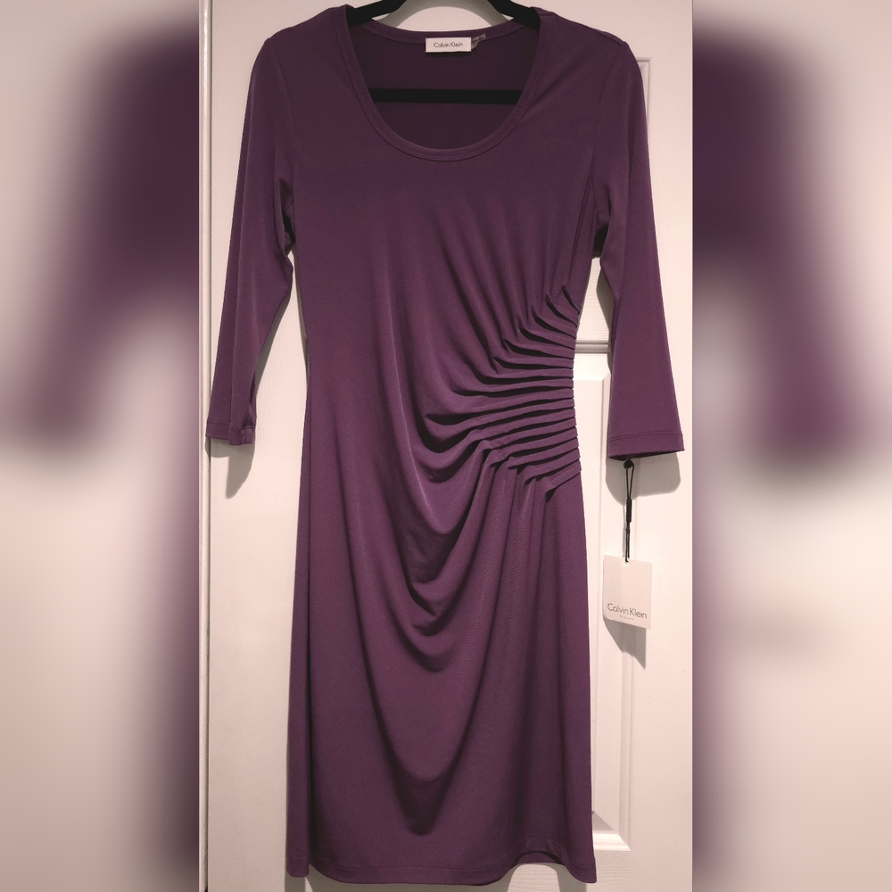 NWT Women's Calvin Klein 3/4 Sleeve Ruched Knee Length Dress Size 6 Purple